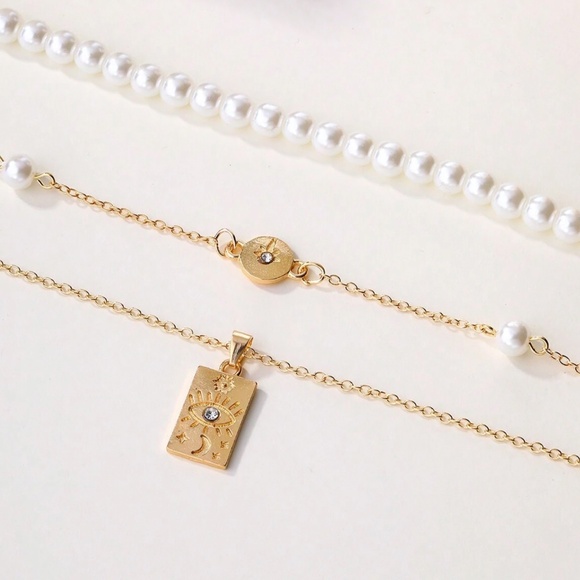 Gold Plated Faux Pearl Evil Eye Multilayer Necklace - Picture 2 of 3